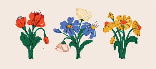 Fototapeta premium Hand drawn color bouquet of blossom flowers. Flat vector illustration for the greeting birthday cards, posters for Mother's, Valentine's, Women's Day.