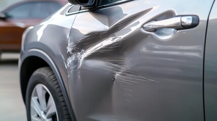 Naklejka premium Damaged Car Door, gray car scratched in traffic accident