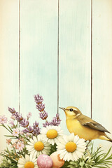 Easter greeting card. Vintage Spring Illustration with Bird and Flowers