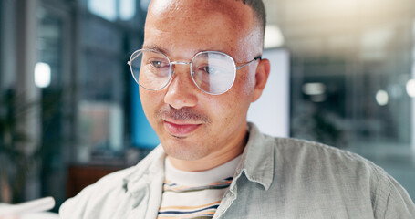 Creative, glasses or man with tablet for social media campaign, trends or ads design. Technology,...