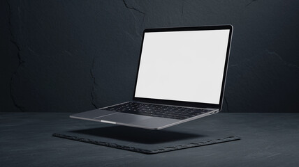 Silver laptop levitates above dark slate surface, blank screen, showcasing product mockup, ideal for technology or business presentations