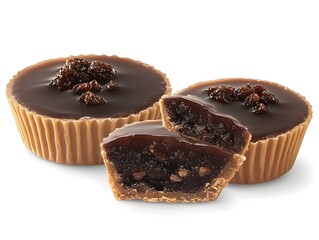 Delicious gourmet chocolate caramel cups with crunchy bits topping are presented on a white background for a sweet treat.