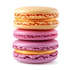 A delectable stack of three pastel macarons features delicate peach and lavender s with creamy orange filling.