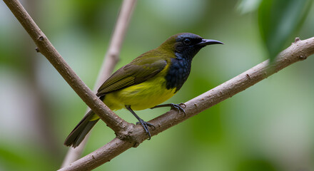 Obraz premium Vibrant Orange-bellied Leafbird Perched on Branch in Lush Green Canopy setting