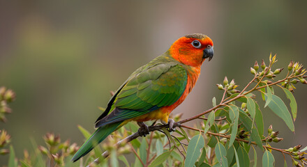 Obraz premium Vibrant orange-bellied parrot perched gracefully on eucalyptus branch