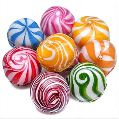 A pile of colorful swirled hard candies sits on a white background perfect for sweet treat advertisements or candy packaging designs.