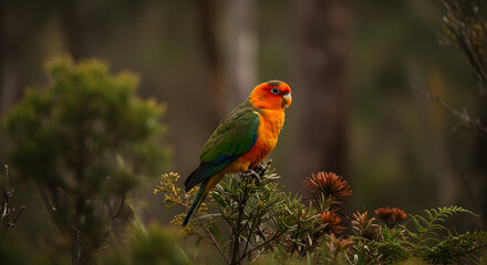 Obraz premium Vibrant Orange-bellied Parrot Perched Amidst Tasmanian Wilderness Beauty
