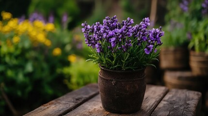 Purple flowers in a brown pot on a wooden table.