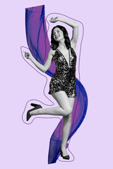 Creative 3D photo collage trend artwork template of young lady sexy dress smile dance party artistic pose rhythm choreography dynamic