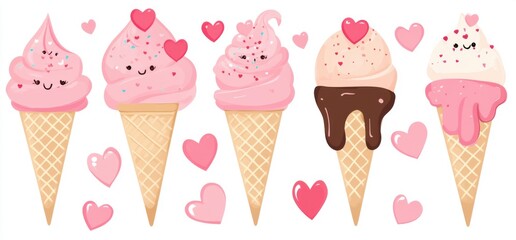 Valentine's Day ice cream clip art set, vector illustration with white background, cute and dreamy, pink colors