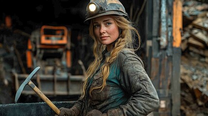 Female miner with a pickaxe standing confidently in a dark industrial environment, symbolizing strength, determination, and labor in mining industry.