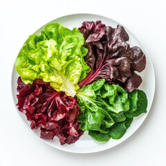 A top view of a plate with an arrangement of different types of lettuce
