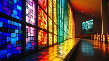 Colorful Stained Glass Church Interior With Benches 