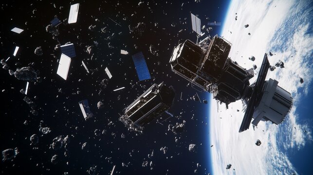 A high tech AI powered space junk recycling station converting orbital debris into usable raw materials, Space sustainability style, photo of