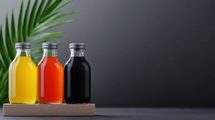 Three small glass bottles with metal caps, each containing a different colored liquid, sit on a wooden surface.