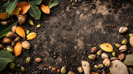 Obraz premium An overhead shot of a pistachio harvest scene, with nuts, leaves, and twigs scattered on the ground in a natural arrangement
