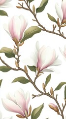 Naklejka premium Vintage magnolia flowers and leaves, seamless pattern on a white background, vector illustration