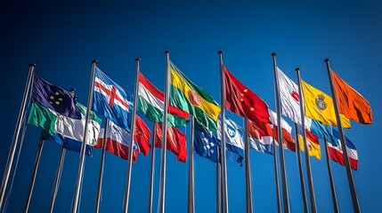 Obraz premium International flags waving against a clear blue sky (1)