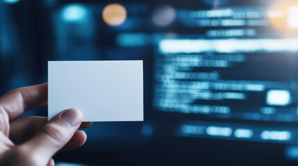 Hand holding blank card in data center with digital screen background