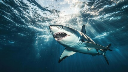 Fototapeta premium A dramatic underwater shot of a shark lunging forward, its jaws wide open and teeth glistening in the ocean light