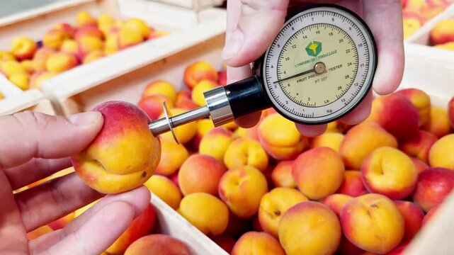 Fruit firmness tester measuring the softness of apricots to determine ripeness and suitability for consumption.
