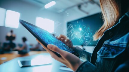 A high tech AI powered virtual assistant offering personalized recommendations and guidance for a user navigating a digital learning platform, Education technology style, photo of