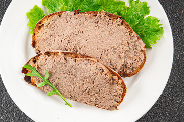 Pate meat chicken liver with mushrooms tasty fresh delicious gourmet food background on the table rustic food top view copy space