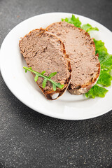 Pate meat chicken liver with mushrooms tasty fresh delicious gourmet food background on the table rustic food top view copy space