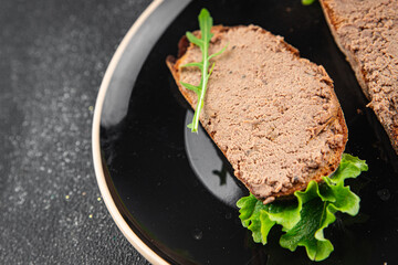 Pate meat chicken liver with mushrooms tasty fresh delicious gourmet food background on the table rustic food top view copy space