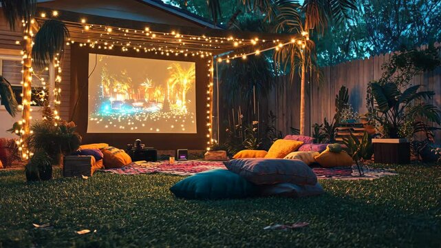 A sparkling backyard movie setup with a projector, beanbags, and string lights
