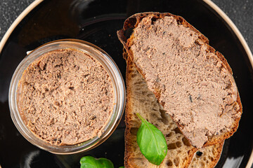 Pate meat chicken liver with mushrooms tasty fresh delicious gourmet food background on the table rustic food top view copy space