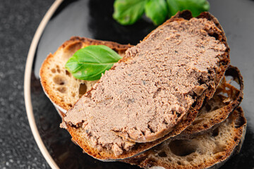 Pate meat chicken liver with mushrooms tasty fresh delicious gourmet food background on the table rustic food top view copy space