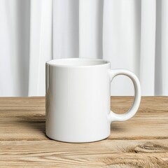 Plain White Coffee Mug on Rustic Wooden Table with Natural Light from White Curtains