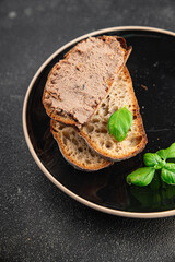 Pate meat chicken liver with mushrooms tasty fresh delicious gourmet food background on the table rustic food top view copy space