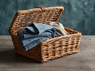 Obraz premium Rustic Comfort: A meticulously crafted wicker basket, filled with soft, folded textiles, sits atop a wooden surface, creating a scene of warm domesticity.