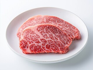 Two raw Wagyu sirloin steaks with rich marbling on white ceramic plate, premium Japanese beef on white background