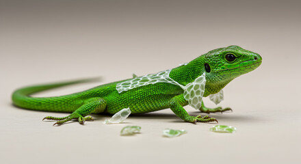 Obraz premium Vibrant Green Lizard Gracefully Shedding its Skin in Delicate Pieces