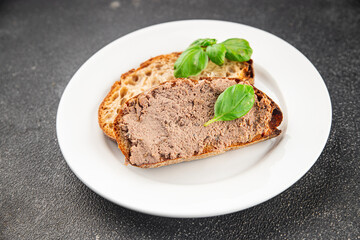 Pate meat chicken liver with mushrooms tasty fresh delicious gourmet food background on the table rustic food top view copy space