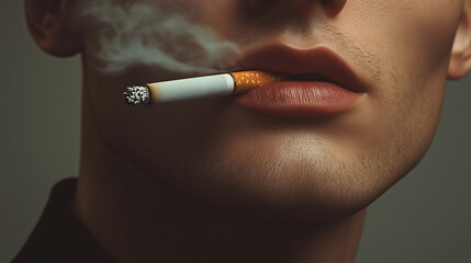 Close up mouth of a man which is smoking a cigarette, with wisp of smoke, Smoking cigarette
