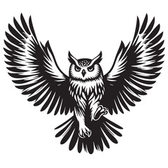 Obraz premium Majestic Owl in Flight: A Black and White Vector Illustration