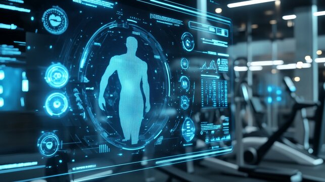 A high tech wearable health monitor displayed on a futuristic fitness center screen, analyzing biometrics in real-time, Modern sports tech style