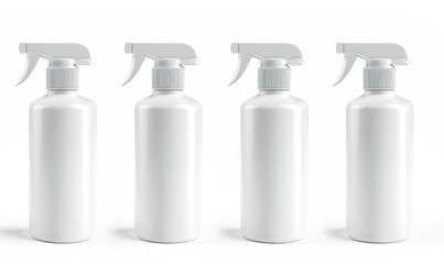 4 white, blank spray bottles, isolated on a white background, front view, product photography.