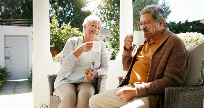 Outdoor, old couple and breakfast with tea for love, bonding and biscuits while talking in retirement. Porch, woman and man with happiness for relationship, eating and cookies with coffee in morning