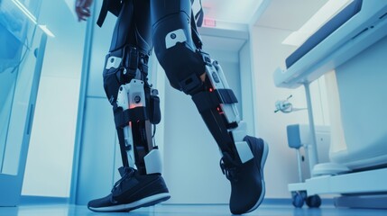 A next gen AI powered robotic exoskeleton assisting a person with mobility rehabilitation in a futuristic medical facility, Advanced prosthetics style, photo of