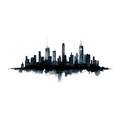Obraz premium A stylized cityscape skyline silhouette illustration in grayscale depicts a modern citys dramatic architecture against a white background.