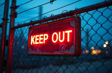 A High Voltage Keep Out sign attached to an electric substation fence flickering neon edges
