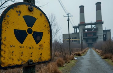 A radioactive hazard sign in an abandoned nuclear plant yellow with black radiation symbol