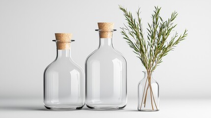 Three glass bottles with cork stoppers and a small vase of green plants.