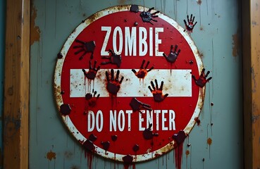 A Zombie Outbreak Do Not Enter sign covered in bloody handprints