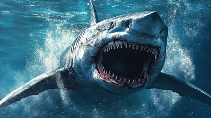 Obraz premium A large shark lunges forward, its mouth wide open and teeth exposed in a fearsome underwater scene